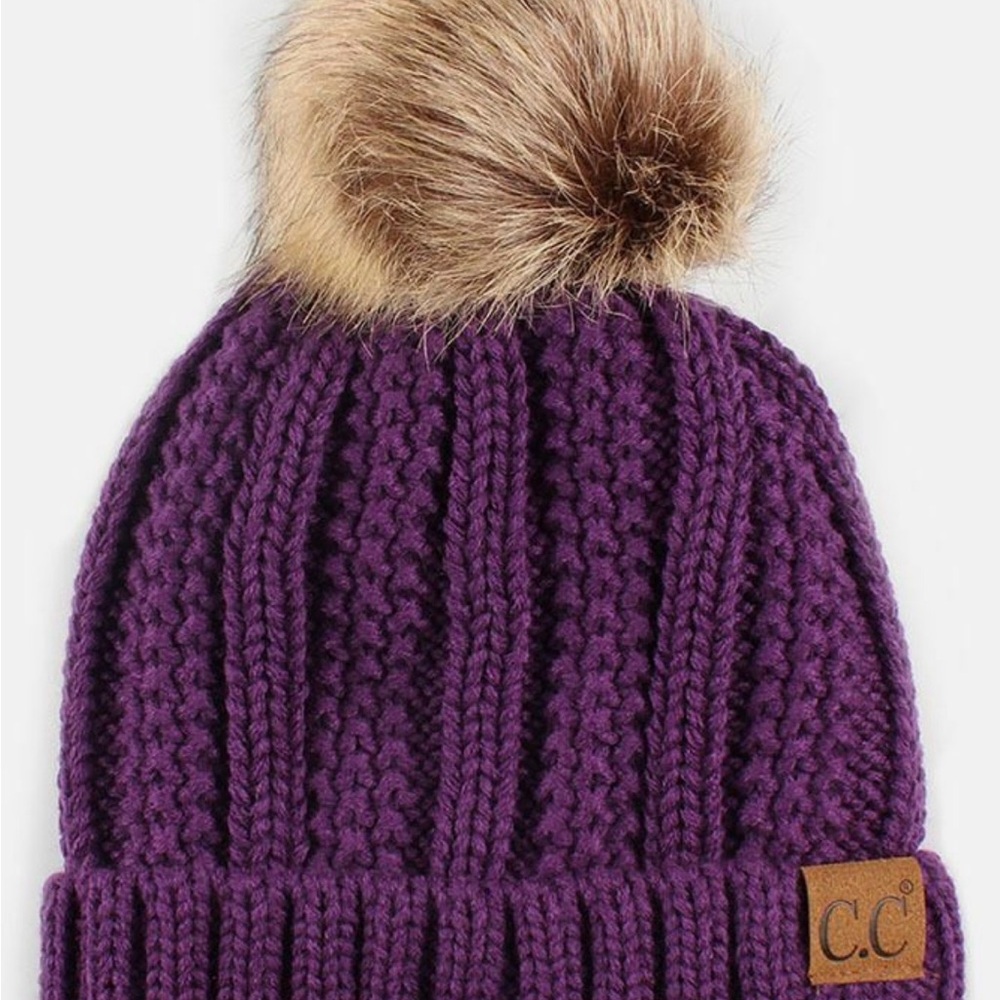 C.C Beanie Purple Knit Fuzzy Lined Brown Faux Fur Pom